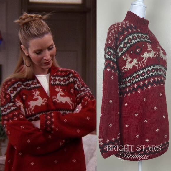 Rare Vintage Reindeer Holiday Sweater ASO Phoebe Buffay Friends Oversize Knit - Picture 3 of 12